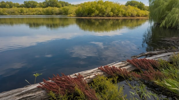 Serene river landscape with lush greenery reflecting on calm waters, showcasing nature's tranquility photo