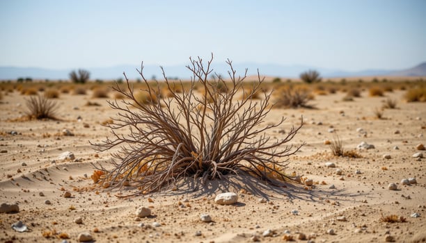a dry bush in the middle of a dusty, windblown clearing, untouched by time. photo