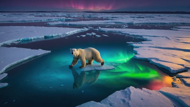 Polar bear walking on an ice floe under the northern lights in a serene Arctic landscape photo