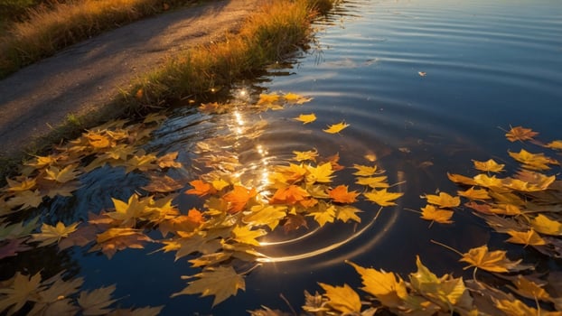 Tranquil autumn scene with fallen leaves floating on water, reflecting sunlight near a serene pathway photo