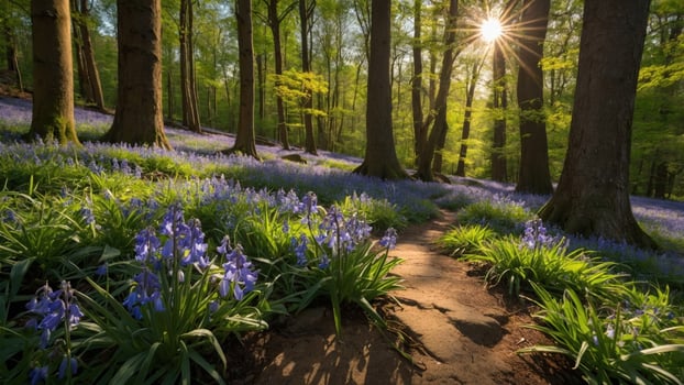 Serene forest path adorned with blooming bluebells under sunlight filtering through trees photo