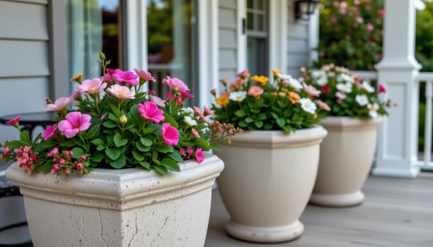 smooth stone planters filled with neat floral arrangements placed on a coastal style balcony. photo