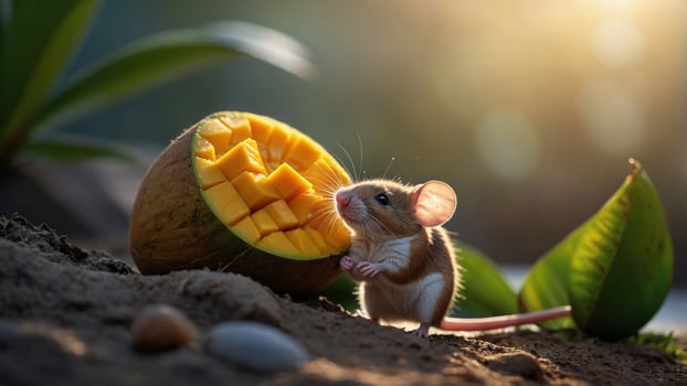 A mouse eating a mango on the beach photo