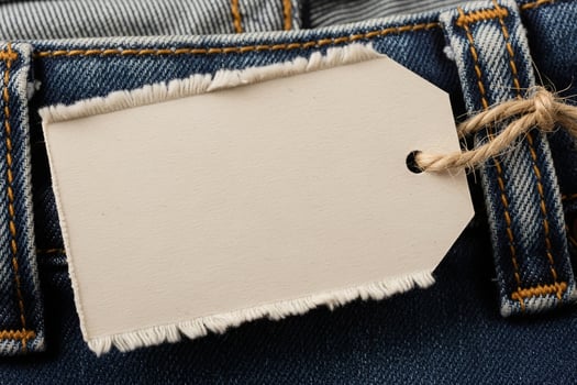 Close-up Macro of Blank Beige Tag Tied with Twine on Distressed Denim Jeans photo
