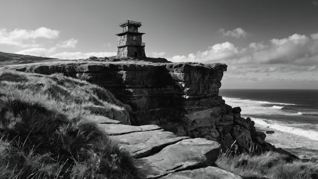 Scenic black and white view of a lighthouse atop a rugged cliff overlooking the ocean with clouds photo