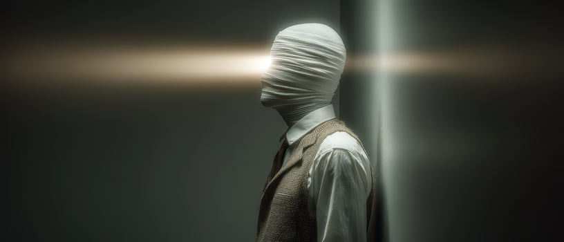 Mysterious figure with covered face in dim setting photo
