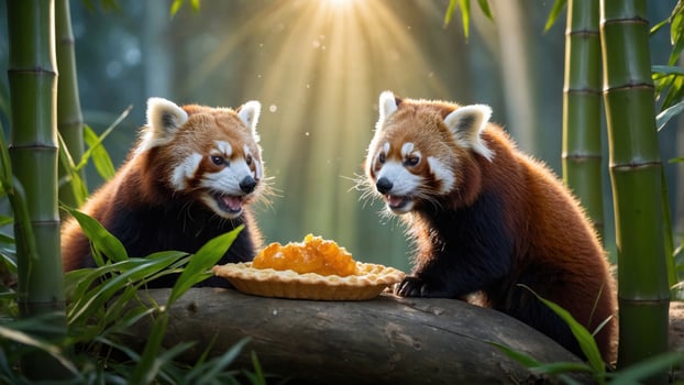 Two red pandas joyfully sharing a delicious pie in a serene bamboo forest with sunlight filtering through photo