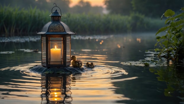 Tranquil evening scene with a candle lantern floating on water surrounded by lush greenery and mist photo