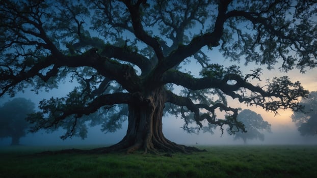 Majestic ancient oak tree standing tall in a misty field at dawn, surrounded by nature's tranquility photo