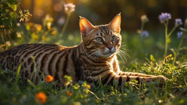 A Bengal cat lounging gracefully in a sunlit garden, surrounded by vibrant flowers and greenery photo