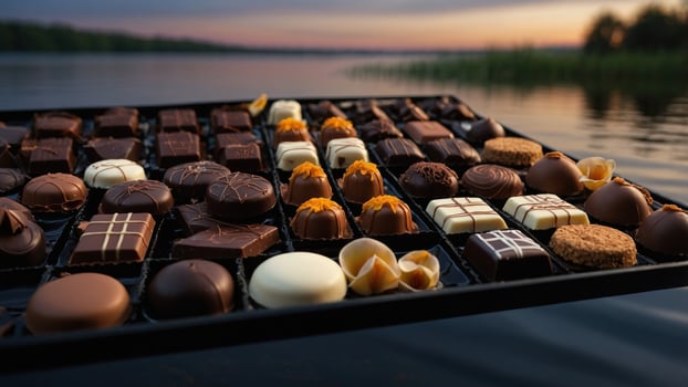 Assorted chocolates displayed on a tray by a tranquil lakeside at sunset, perfect for indulgent moments photo