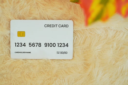 flat lay image of a white credit card, placed on a yellow fur and orange leaf in foreground. financial technology concept photo