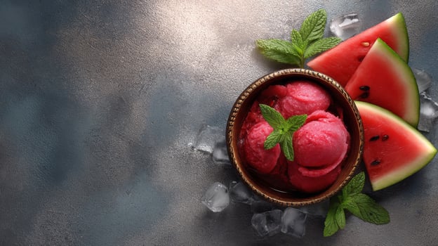 bowl of vibrant pink watermelon sorbet, garnished with fresh mint, is set on a dark, textured surface next to sliced watermelons and ice cubes photo