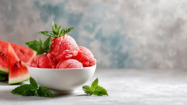 Watermelon sorbet in a bowl with mint photo