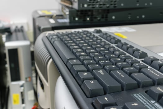 A keyboard on a desk photo