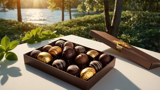 Elegant chocolate box with assorted truffles placed on a table near a serene lakeside at sunset photo