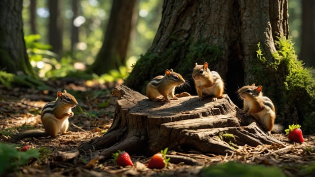Four chipmunks gathered around a tree stump in a lush forest, enjoying strawberries in the sunlight photo