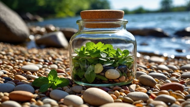 Fresh herbs in a glass jar placed on a pebbled riverbank with a scenic water background photo