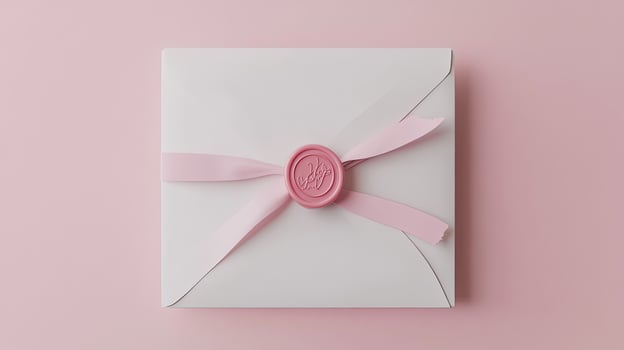 Clean white envelope is sealed with a pink wax stamp and ribbon on pink backdrop photo