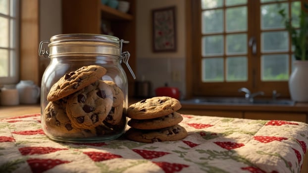 Jar of freshly baked chocolate chip cookies on a kitchen counter with sunlight streaming through windows photo