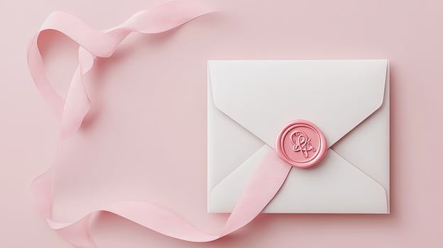 Delicate pink ribbon elegantly entwines around the sealed white envelope on light pink backdrop photo