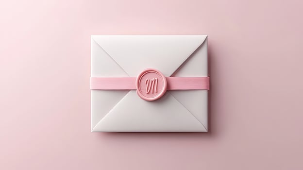 A white invitation with a pink ribbon and wax seal rests on a pastel background photo