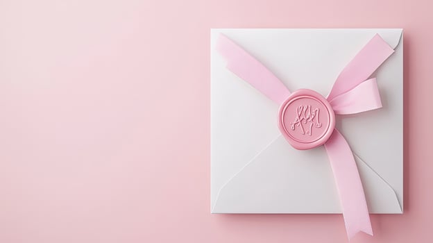 White envelope displays a pale pink ribbon and a seal against a pink background photo