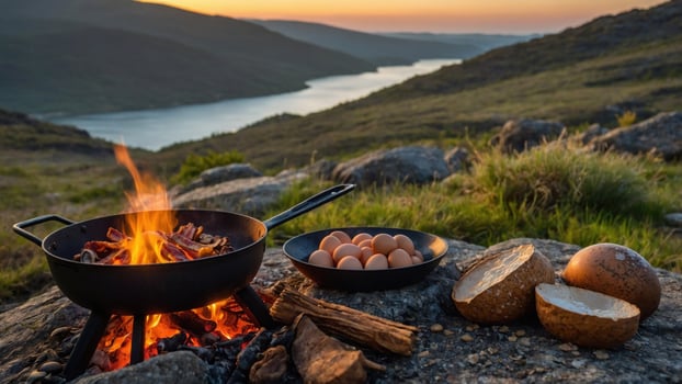Outdoor cooking with a campfire and eggs on a plate, set against a serene lakeside sunset photo