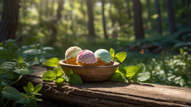 Three ice cream cones in a wooden bowl on a log photo