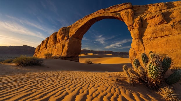 Majestic sandstone arch against a vibrant sunset, with rolling dunes and desert vegetation nearby photo