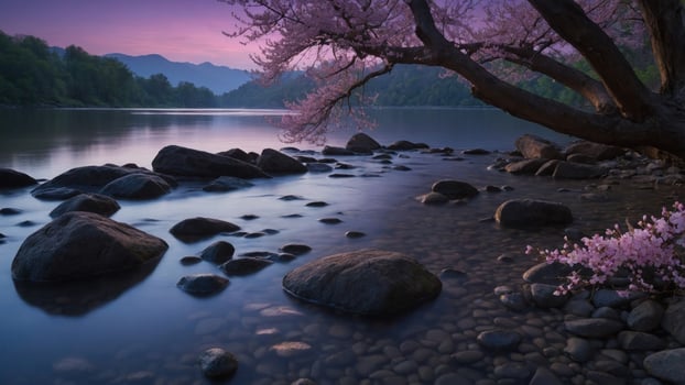 Serene riverside view at sunset with cherry blossoms and smooth stones reflecting in calm water photo