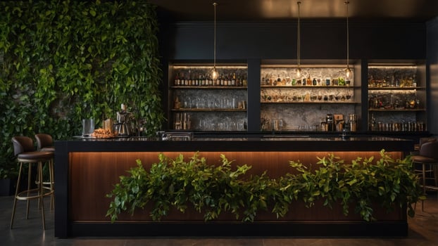 Modern bar interior with lush greenery, showcasing drinks and snacks, creating a vibrant atmosphere photo