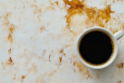Overhead shot shows black coffee in white cup on a textured surface with stains photo