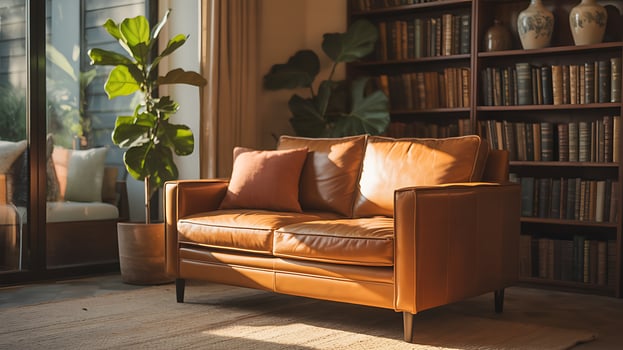 Cozy Living Room Interior with Leather Sofa Bookshelves and Natural Light Enhancing Comfort and Style for Relaxation and Reading photo