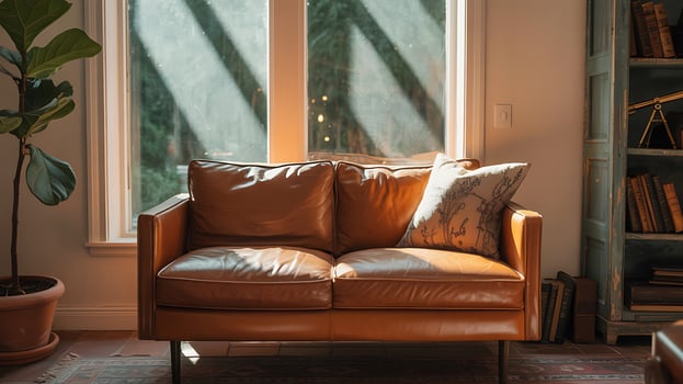 Comfortable leather sofa in a sunlit living room with bookshelf and plant creating cozy interior ambiance for relaxation photo