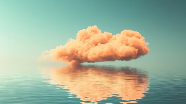 A fluffy peach colored cloud reflects in blue water under a pale blue sky photo