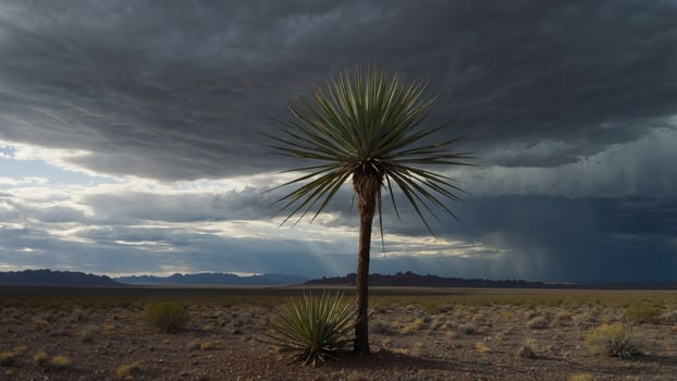 Lone yucca tree stands against a dramatic sky with storm clouds and distant mountains in the background photo
