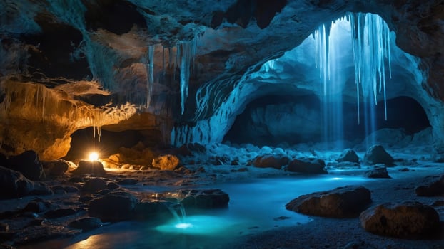 Enchanting underground cave illuminated by blue light, featuring icicles and tranquil water reflections photo
