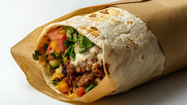 Delicious burrito filled with fresh vegetables, meat, and creamy sauce is wrapped in paper photo