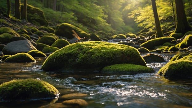 Serene forest stream with moss-covered rocks and sunlight filtering through trees in tranquil nature photo