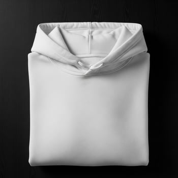 Overhead Shot of Blank White Hoodie Neatly Folded on Dark Wood Grain for Apparel Mockup photo