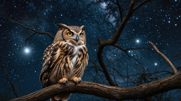 Majestic owl perched on a branch under a starry night sky, showcasing the beauty of nature photo