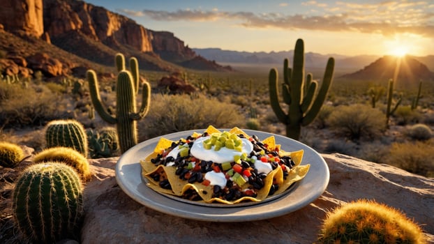 Vibrant plate of nachos topped with sour cream and vegetables against a stunning desert sunset photo