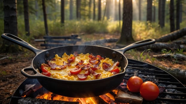 A delicious outdoor breakfast of scrambled eggs with tomatoes and bacon cooking over a campfire in a serene forest photo