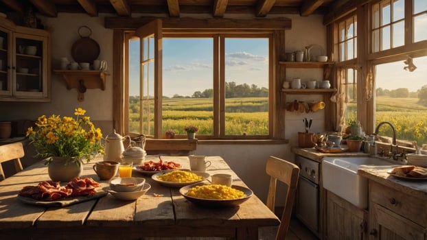 Cozy kitchen with breakfast spread, sunlight streaming through open window, rural landscape outside photo