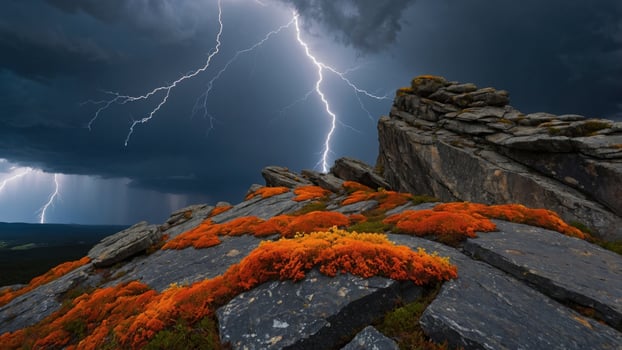 Dramatic lightning strikes illuminate a rocky landscape adorned with vibrant orange vegetation under dark storm clouds photo