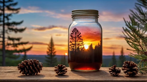 Sunset reflected in a jar with pinecones, surrounded by trees and mountains, evoking tranquility photo