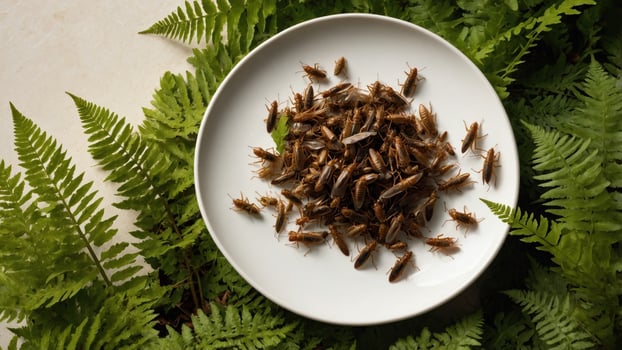 Plate of roasted crickets surrounded by lush green ferns, showcasing sustainable food practices photo