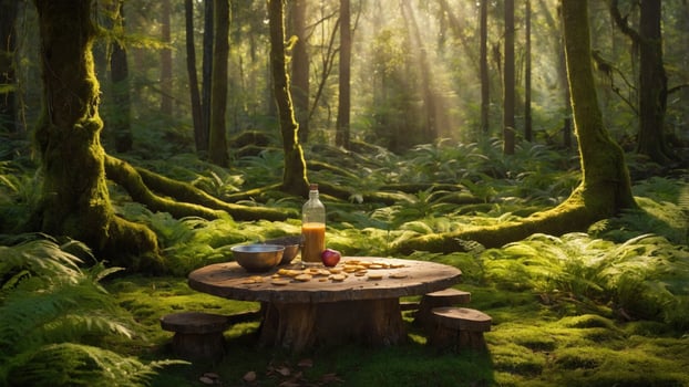 Tranquil forest picnic with a rustic wooden table, apple, bowl of snacks, and beverage surrounded by lush greenery photo