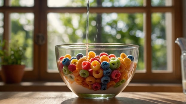 Colorful cereal rings being poured into a glass bowl with milk, set against a sunny kitchen backdrop photo
